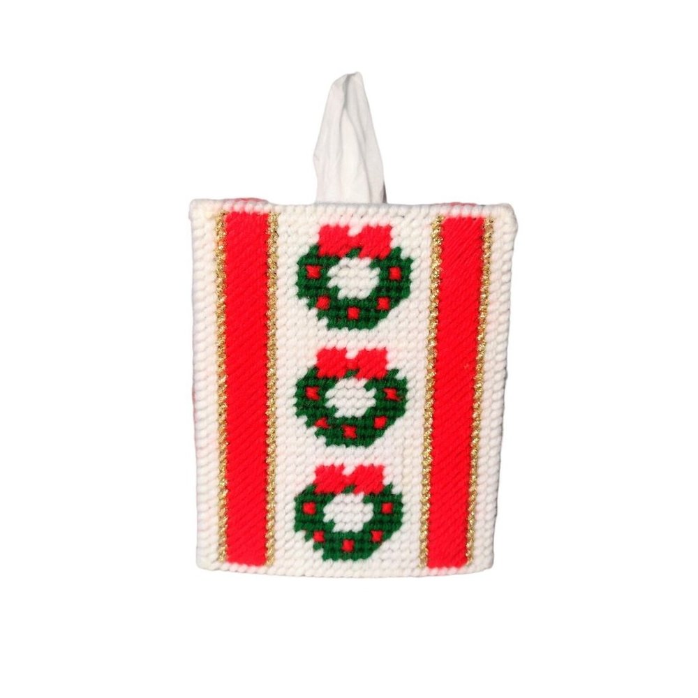Christmas Wreath Tissue Box Cover Handmade Plastic Canvas Metallic Holiday